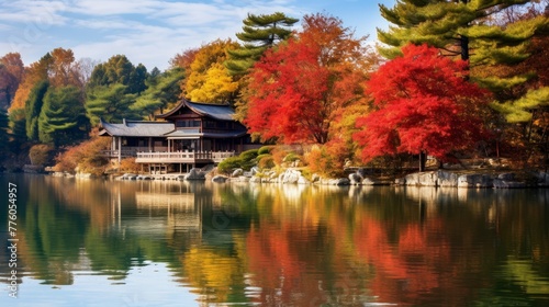 Asian landscape  a tranquil lake reflects the vibrant colors of autumn foliage.