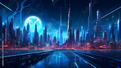 Futuristic night city with neon lights and a full moon. 3d rendering