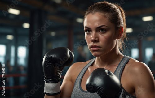 image of a focused female boxer in a defensive stance, ready to strike, with intense eyes looking away in a gym background. Illustration vector , very realistic, 8k quality, hyper realistic, ultra rea © Евгения Жигалкина