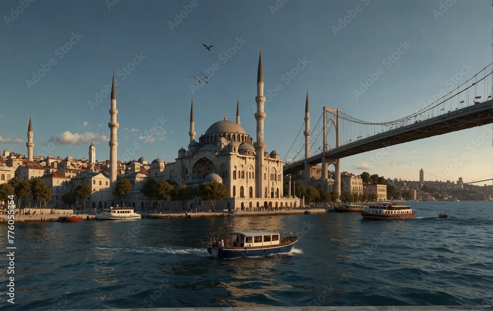 Istanbul mosque , seaside, bridge and boat, ships, fisher. Very realistic, 8k quality, hyper realistic, ultra realism