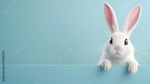 Vector easter rabbit, bunny, hare looking out over a poster on a pastel background 