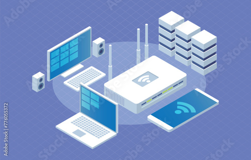 Wireless network isometric vector illustration. Wifi connecting and net configuration concept 3d isometric 