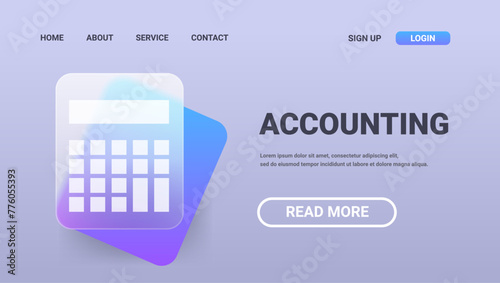 Accounting service horizontal landing page. Glass morphism finance calculating technology