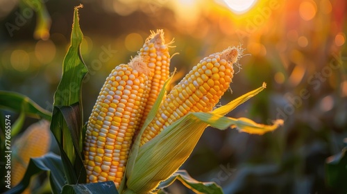fresh corncob at organic corn field or maize field at agriculture farm in the morning sunrise photo