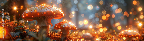  Magical forest, glowing mushrooms, ethereal atmosphere, a mystical creature, glistening with magic, captured in a 3D render, illuminated by a soft golden hour light, with a dreamy bokeh effect