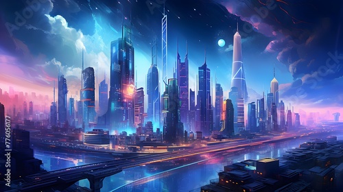 Futuristic city at night. Panoramic cityscape.