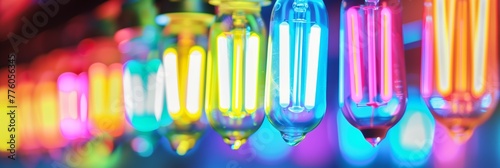 Vibrant image showcasing a variety of illuminated light bulbs in multiple colors, representing innovation and inspiration photo