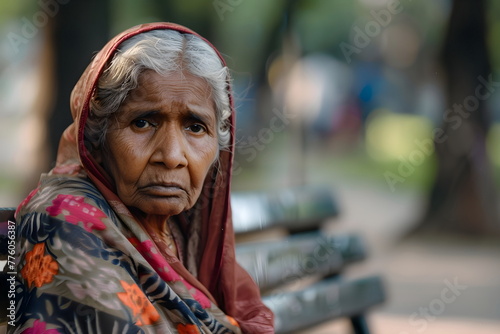 portrait of sad old woman sitting on a bench in a park © dobok