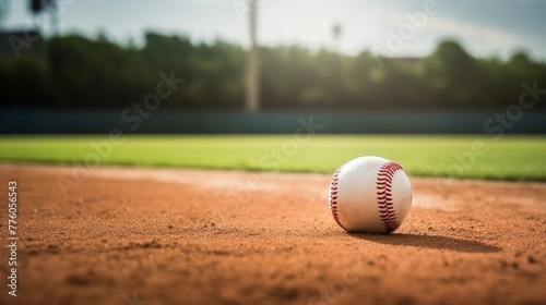 Baseball ball lying on the baseball field. photo
