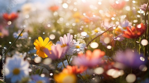 Warm sunlight of a spring meadow where colorful petals sway
