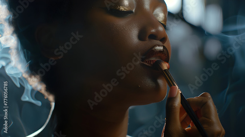 A close-up of a makeup artist applying cosmetics with precision.


 photo