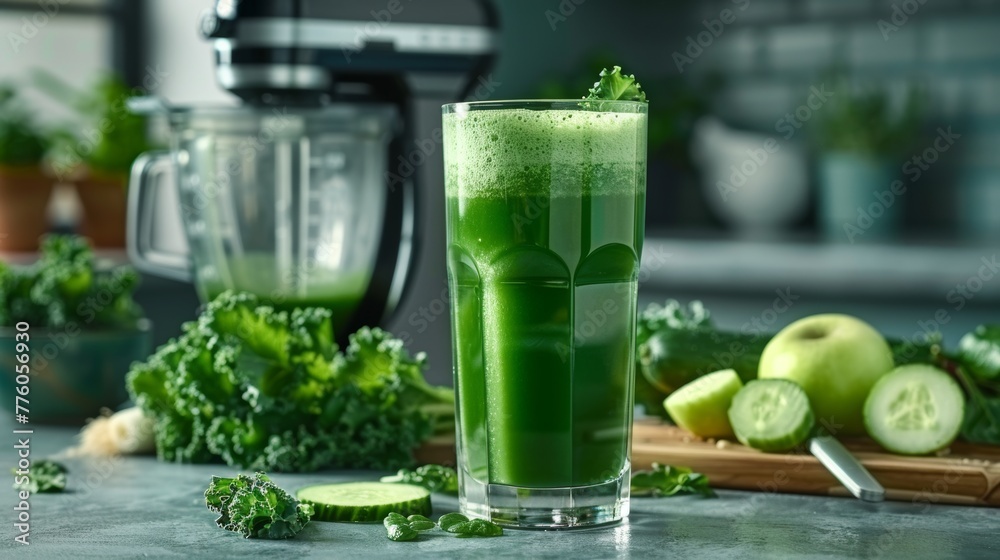 Glass of fresh green kale smoothie on a kitchen counter with ingredients and juicer in background Glass of fresh green kale smoothie on a kitchen counter with ingredients and juicer in background