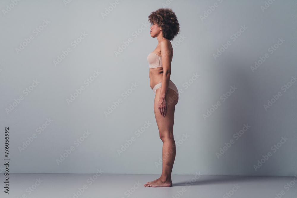 Profile side photo no retouch of girl wear lingerie feel confident about stomach body imperfection - obrazy, fototapety, plakaty 