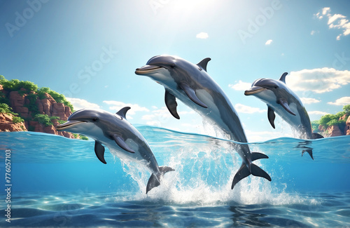 Dolphins jumping out of the water © Viktoriia Pletska