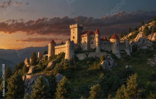 Romanian castle in Lebanese mountain and forest , sunset. closeup. Very realistic, 8k quality, hyper realistic, ultra realism photo