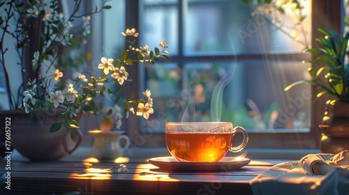 Herbal tea relief depicted in soothing 3D animation, highlighting its benefits in a cozy setting