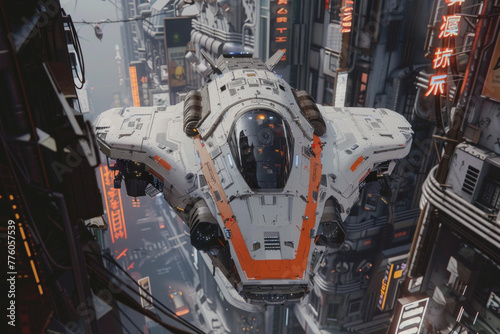 A white and orange scifi spaceship flying above the streets of a cyberpunk city