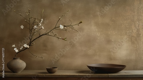 Warm neutral beige wabi sabi style interior mockup, Japanese minimalistic style, grungy wall 