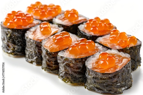 Colorful sushi rolls generously topped with fish roe, presented on a pristine white surface, offering a blend of textures and flavors that sushi lovers crave.