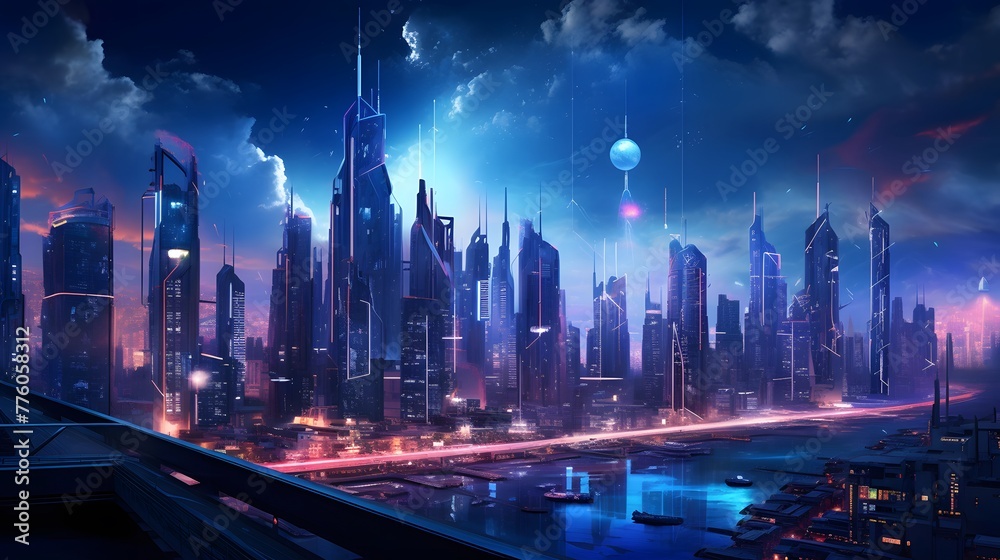 Futuristic city at night. Panoramic view of the modern city at night