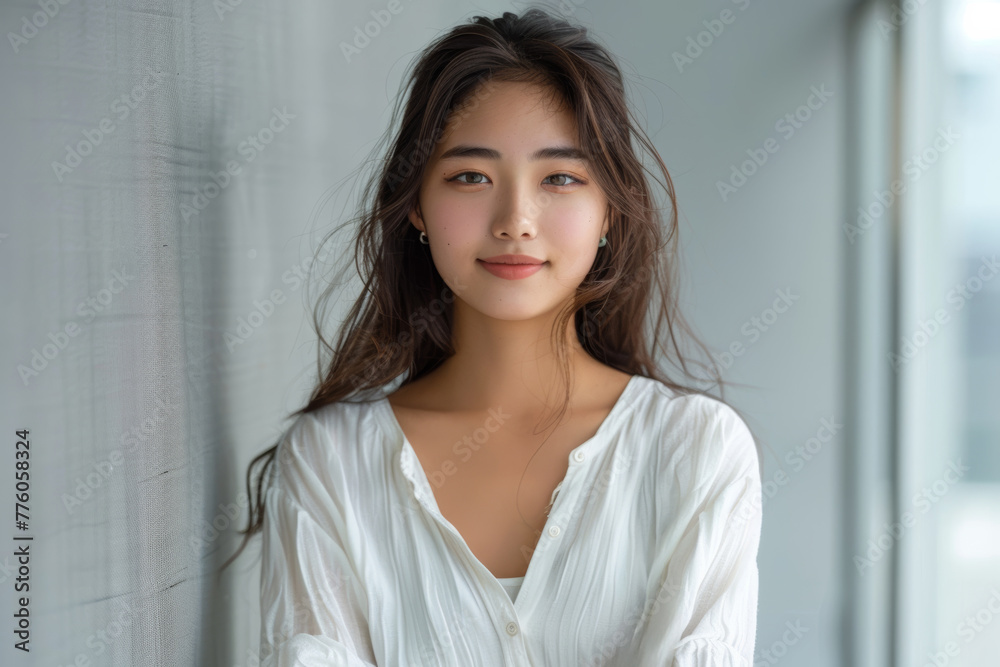 A young Asian woman stands confidently in crisp white attire, her gaze meeting the camera with assurance and poise. A young Asian woman stands confidently in crisp white attire, her gaze meeting the camera with assurance and poise.