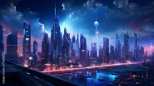 Futuristic city at night. Panoramic view of the modern city at night © Iman