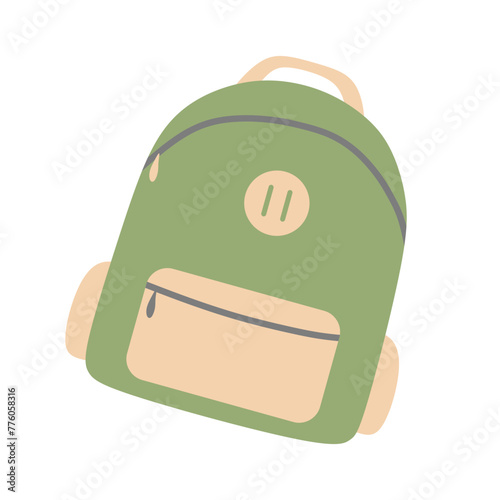 Green backpack in Simple Cartoon style Isolated on white background. School Satchel, Travel rucksack. Vector Flat Illustration of Accessory, Sport bag, Student pack with Pockets and Zipper.