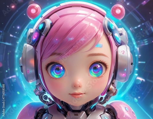 A digital portrait of a female robot with vibrant blue eyes, featuring a futuristic pink headset in a glowing cybernetic background.