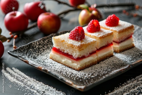 Two slices of creamy fruit dessert with apple topping and red berry garnish  sprinkled with powdered sugar.