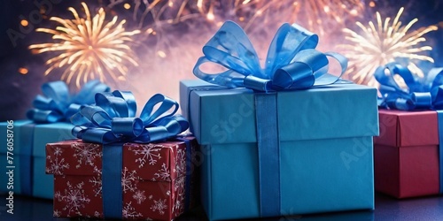 Gift boxes and fireworks on dark background for Christmas and New Year.