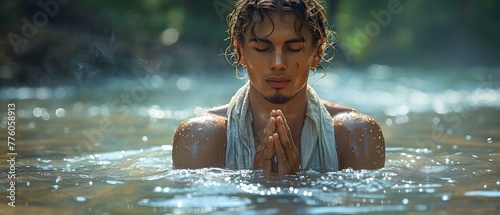 A man in a white robe stands in a river  praying with eyes closed and hands clasped after baptism. Concept Religious Ceremony  Spiritual Moment  Water Reflections  Faith and Devotion  Baptism Ritual