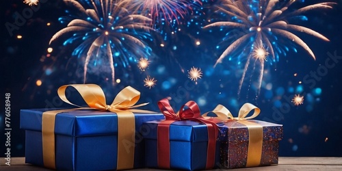 Gift boxes and fireworks on wooden table with bokeh background.