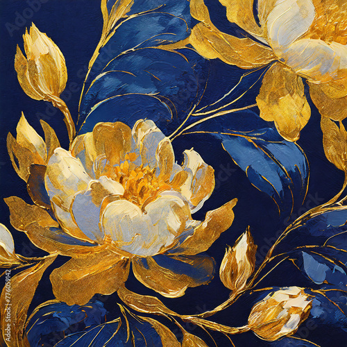 Oil painted blue and gold flowers background