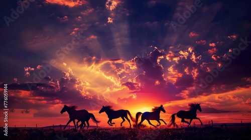 A group of horses running in a field at sunset
