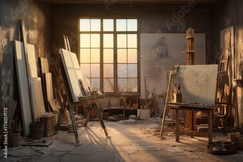 Artist's studio,An empty artist's studio bathed in the soft dawn light, Ai generated photo