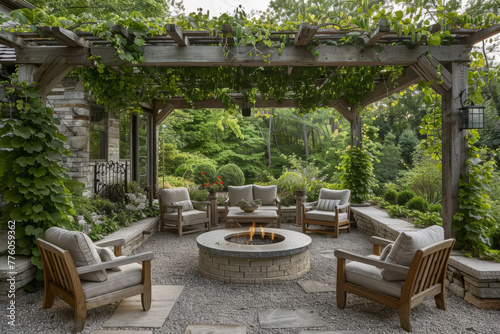 Inviting garden patio with fire pit and string lights © Anna