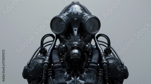 Illustration of a formidable mecha robot clad in full body armor and wearing a gas mask