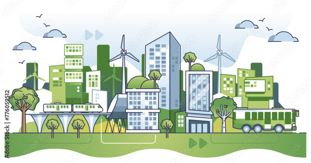 Sustainable green city with alternative and ecological power usage outline concept, transparent background. Modern future environment without global warming. - obrazy, fototapety, plakaty 