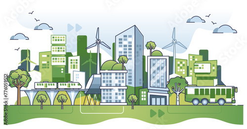 Sustainable green city with alternative and ecological power usage outline concept, transparent background. Modern future environment without global warming.