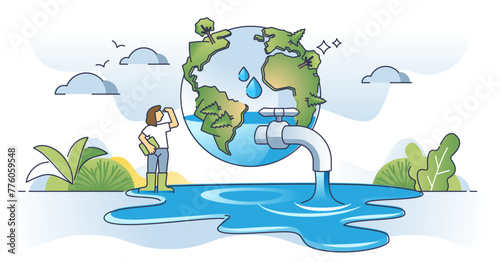 Water conservation and planet H2O resource protection outline concept, transparent background. Environmental, ecological and responsible aqua usage for fresh and clean water drinking illustration.