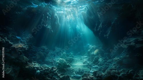 Ethereal underwater scene capturing the essence of the Challenger Deep, ideal for concept art and fantasy-themed designs. © taelefoto