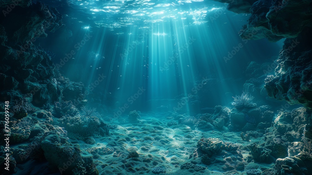 Mystical underwater landscape evoking the depths of the Challenger Deep, ideal for fantasy-themed projects. - obrazy, fototapety, plakaty 