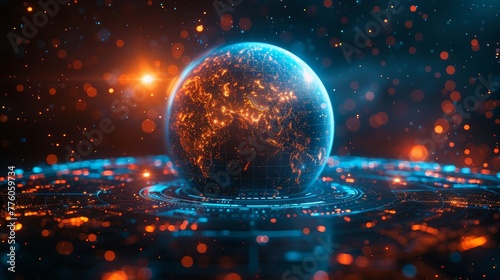 An earth globe with light dots on a dark background. Conceptual illustration of an Earth day globe hanging over a dashboard. A holographic globe in a style similar to modern computer games.