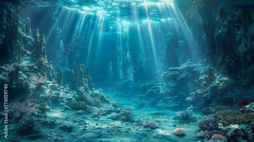 Mystical underwater landscape evoking the depths of the Challenger Deep, ideal for fantasy-themed projects. © taelefoto