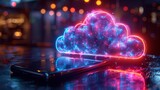 Cloud computing background concept. Data upload in internet online storage through smartphone. Cell phone syncs information with online cloud storage.