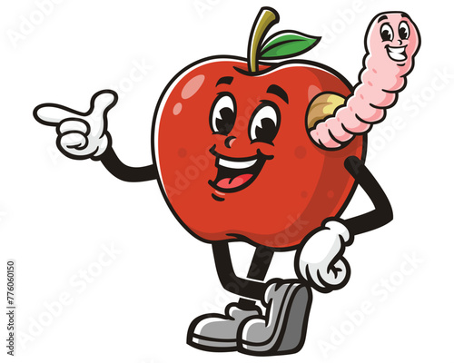 Apple with worm cartoon mascot illustration character vector clip art hand drawn