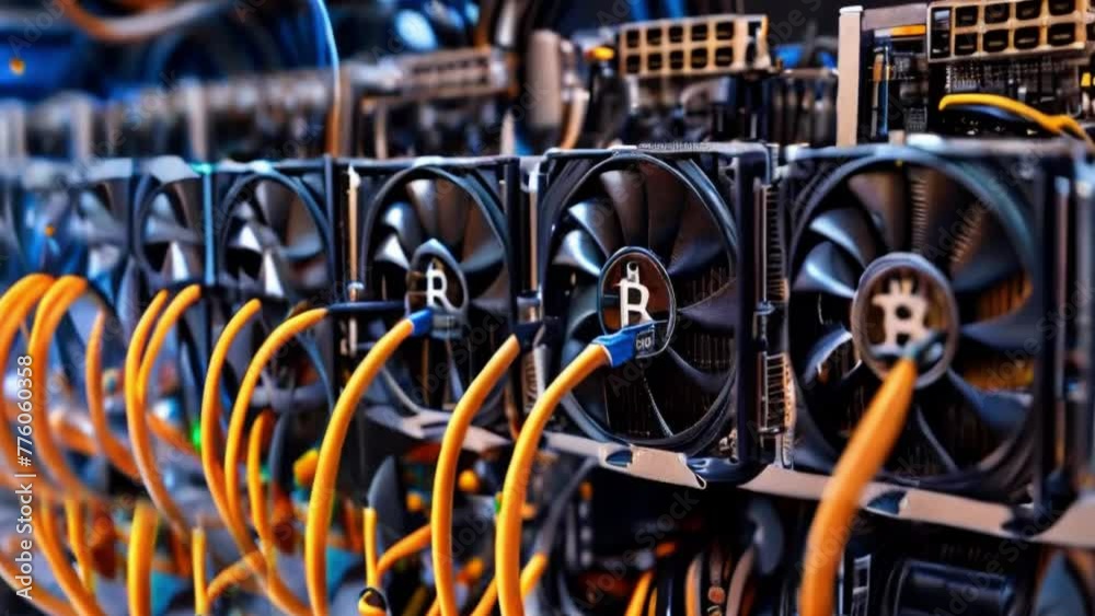 Mining equipment racks mine cryptocurrency. Blockchain technology application-specific integrated circuit data center. Server room. Cripto money, e-commerce finance virtual digital exchange concept. Mining equipment racks mine cryptocurrency. Blockchain technology application-specific integrated circuit data center. Server room. Cripto money, e-commerce finance virtual digital exchange concept.