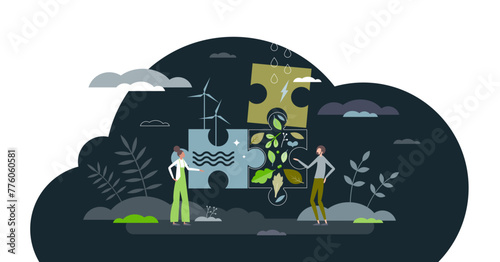 Sustainable solutions and ecological items combination tiny person concept, transparent background.