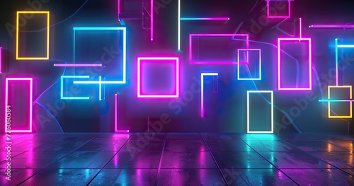 Neon light flat background wall design, game lights, cool wall panels, inlaid with colorful LED light bulbs, rich and colorful, joyful, retro, trendy. 