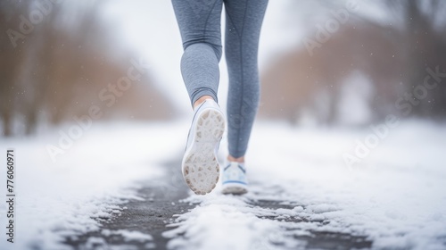 Woman's legs with sport shoes jogging or running in snow